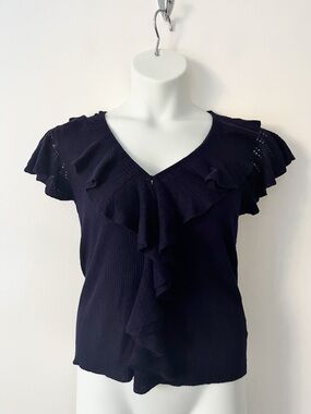 Vintage Ralph Lauren Y2k Ruffle Fairy Whimsigoth Pointelle Knit Top Linen P L